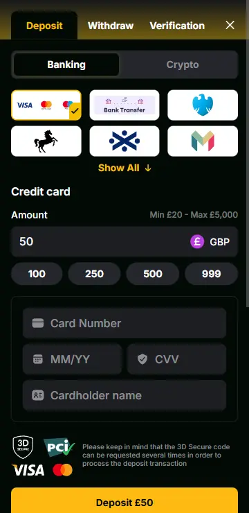 The dog house no gamstop uk deposit interface showing crypto and card options