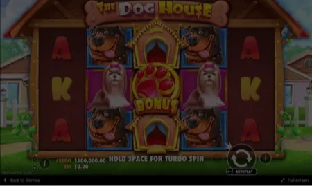 The Dog House non gamstop demo game window showing cartoon dogs on reels