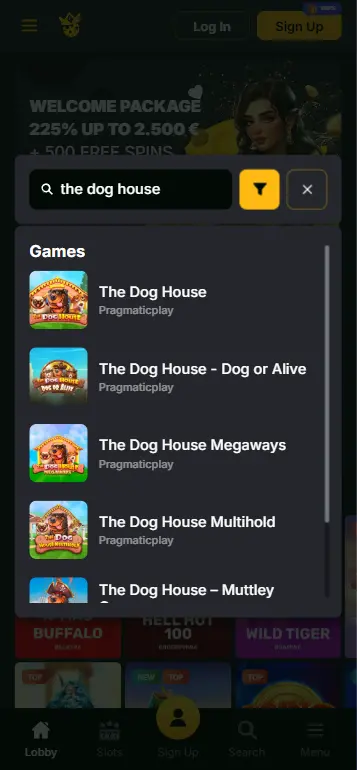 The dog house curacao casinos game lobby showing slot thumbnail