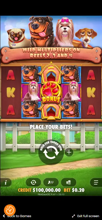 The dog house casino active gameplay with reels spinning